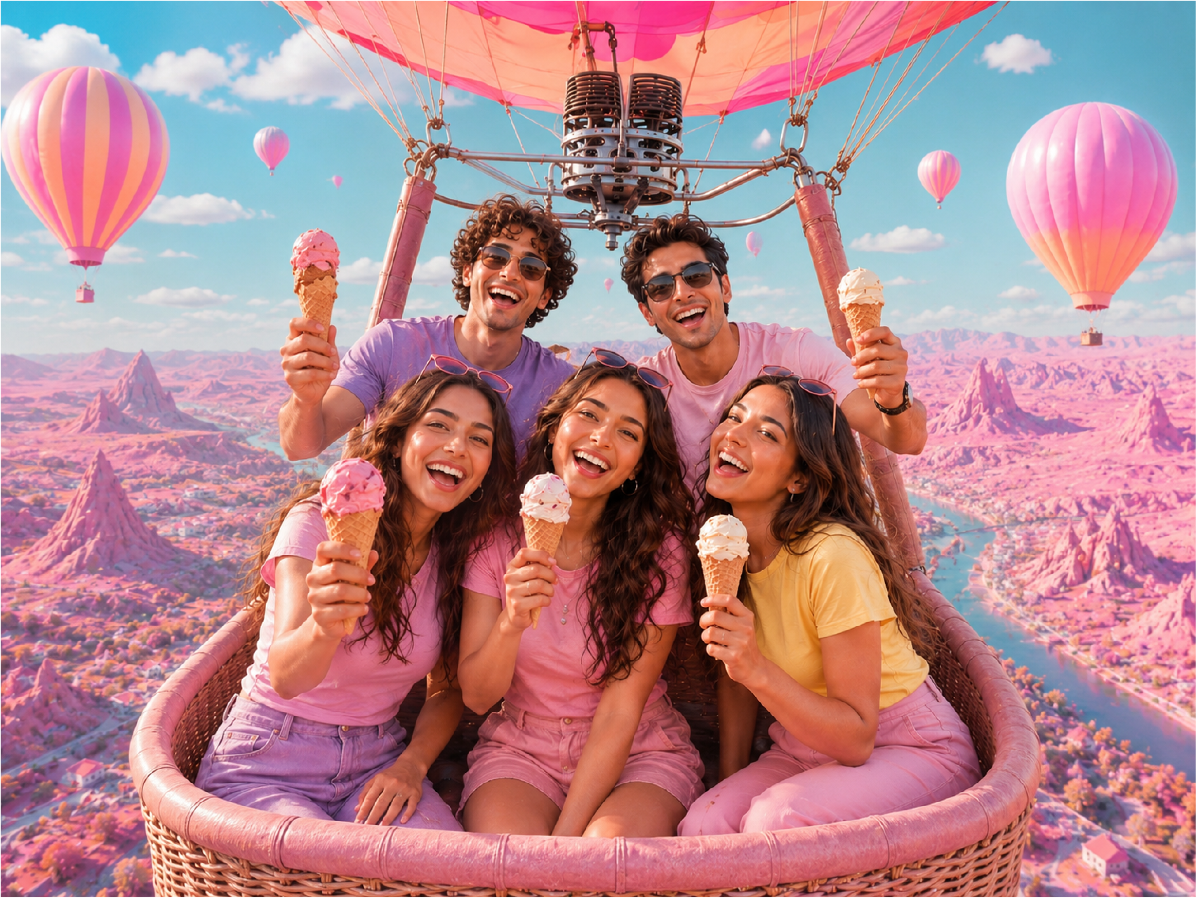 Happy group in hot air balloon over pink mountains